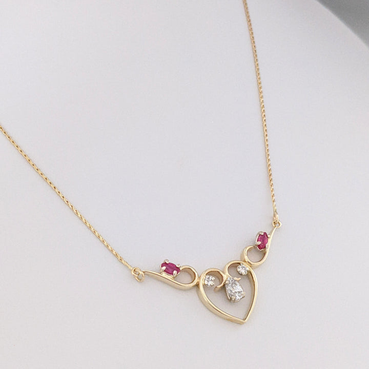 14K .53 CARAT TOTAL WEIGHT DIAMOND PEAR (1) ROUND (2) RUBY MARQUISE ESTATE NECKLACE 4.5 GRAMS