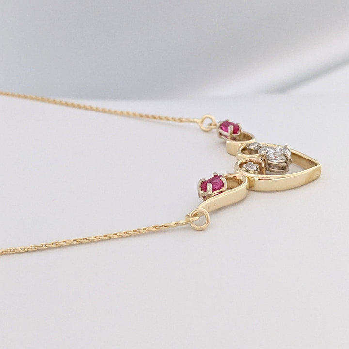 14K .53 CARAT TOTAL WEIGHT DIAMOND PEAR (1) ROUND (2) RUBY MARQUISE ESTATE NECKLACE 4.5 GRAMS