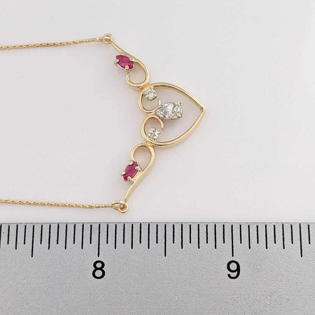 14K .53 CARAT TOTAL WEIGHT DIAMOND PEAR (1) ROUND (2) RUBY MARQUISE ESTATE NECKLACE 4.5 GRAMS