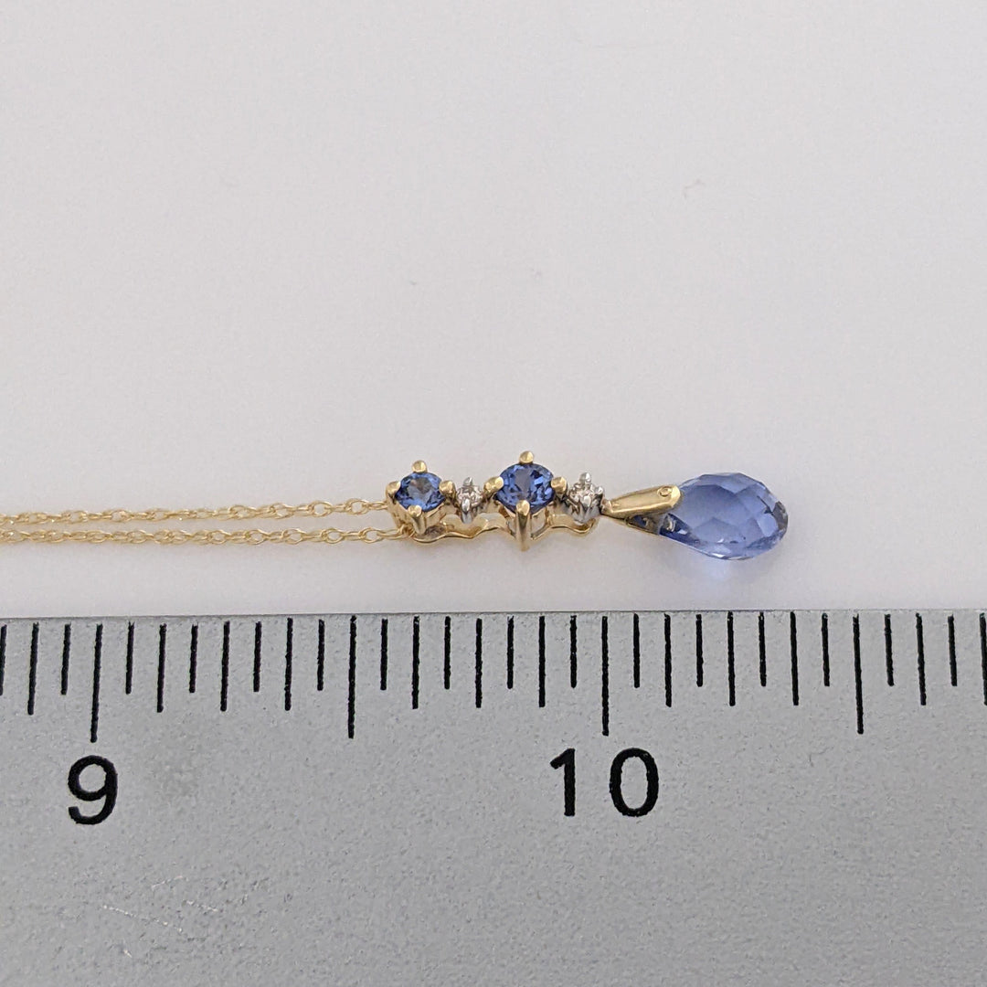14K LAB-CREATED SAPPHIRE PEAR (1) ROUND (2) WITH (2) MELEE ESTATE PENDANT & CHAIN 1.3 GRAMS