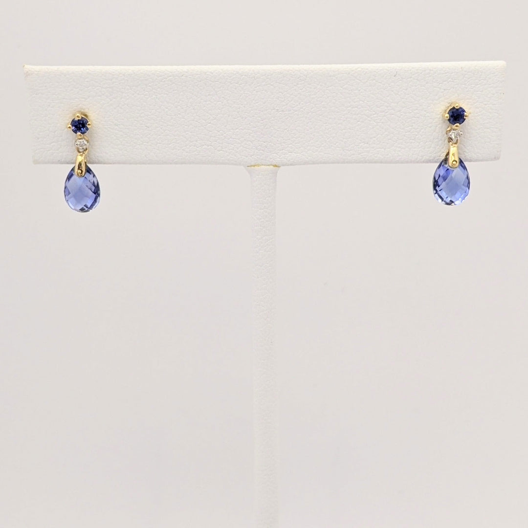 14K LAB-CREATED SAPPHIRE PEAR (2) ROUND (2) WITH (2) MELEE ESTATE DANGLE EARRINGS 1.4 GRAMS