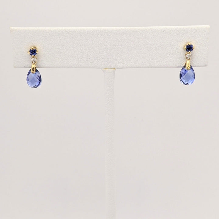 14K LAB-CREATED SAPPHIRE PEAR (2) ROUND (2) WITH (2) MELEE ESTATE DANGLE EARRINGS 1.4 GRAMS