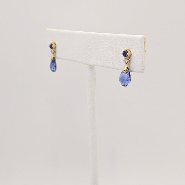 14K LAB-CREATED SAPPHIRE PEAR (2) ROUND (2) WITH (2) MELEE ESTATE DANGLE EARRINGS 1.4 GRAMS