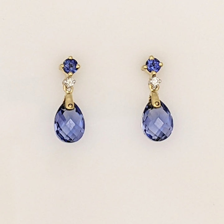14K LAB-CREATED SAPPHIRE PEAR (2) ROUND (2) WITH (2) MELEE ESTATE DANGLE EARRINGS 1.4 GRAMS