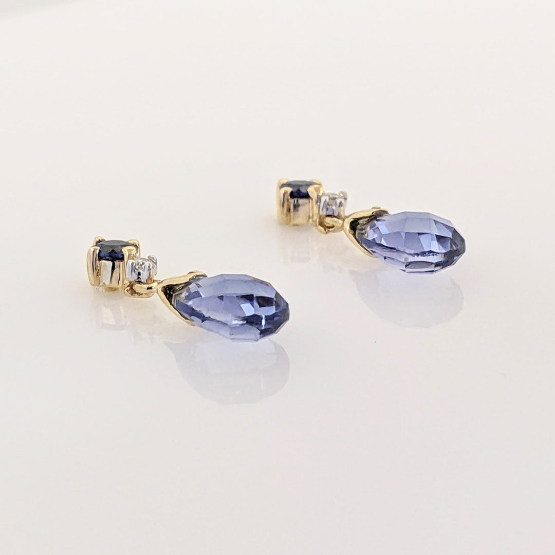14K LAB-CREATED SAPPHIRE PEAR (2) ROUND (2) WITH (2) MELEE ESTATE DANGLE EARRINGS 1.4 GRAMS