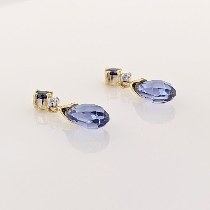14K LAB-CREATED SAPPHIRE PEAR (2) ROUND (2) WITH (2) MELEE ESTATE DANGLE EARRINGS 1.4 GRAMS