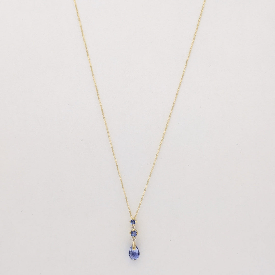 14K LAB-CREATED SAPPHIRE PEAR (1) ROUND (2) WITH (2) MELEE ESTATE PENDANT & CHAIN 1.3 GRAMS