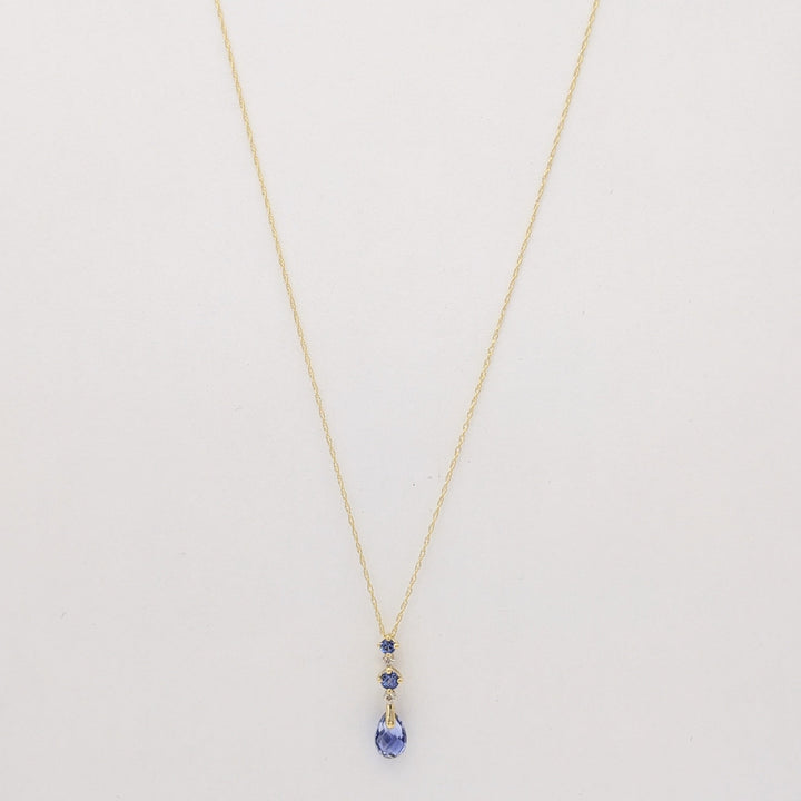 14K LAB-CREATED SAPPHIRE PEAR (1) ROUND (2) WITH (2) MELEE ESTATE PENDANT & CHAIN 1.3 GRAMS