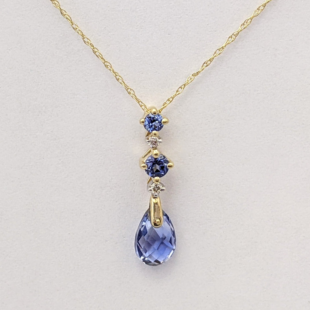14K LAB-CREATED SAPPHIRE PEAR (1) ROUND (2) WITH (2) MELEE ESTATE PENDANT & CHAIN 1.3 GRAMS