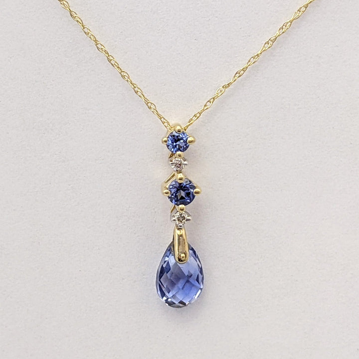 14K LAB-CREATED SAPPHIRE PEAR (1) ROUND (2) WITH (2) MELEE ESTATE PENDANT & CHAIN 1.3 GRAMS