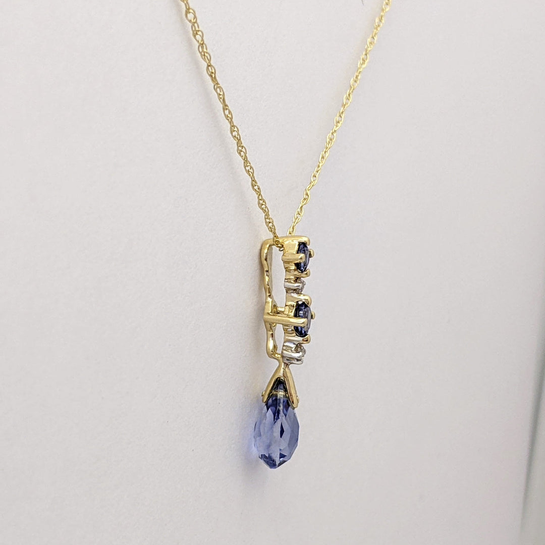 14K LAB-CREATED SAPPHIRE PEAR (1) ROUND (2) WITH (2) MELEE ESTATE PENDANT & CHAIN 1.3 GRAMS