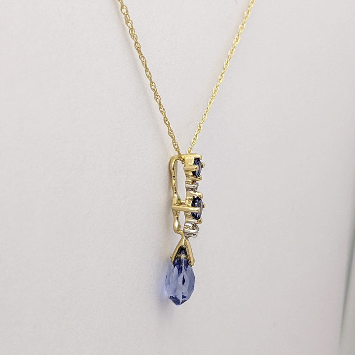 14K LAB-CREATED SAPPHIRE PEAR (1) ROUND (2) WITH (2) MELEE ESTATE PENDANT & CHAIN 1.3 GRAMS