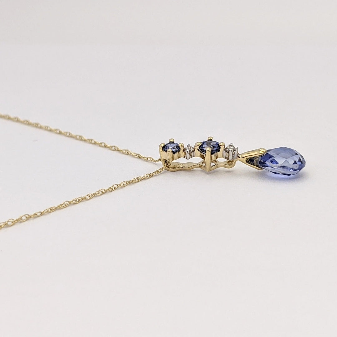14K LAB-CREATED SAPPHIRE PEAR (1) ROUND (2) WITH (2) MELEE ESTATE PENDANT & CHAIN 1.3 GRAMS