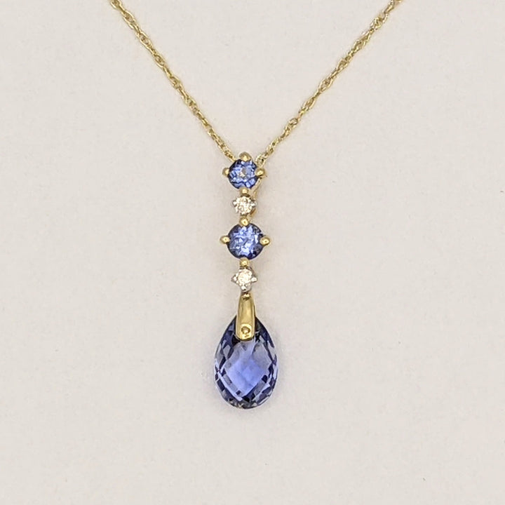 14K LAB-CREATED SAPPHIRE PEAR (1) ROUND (2) WITH (2) MELEE ESTATE PENDANT & CHAIN 1.3 GRAMS