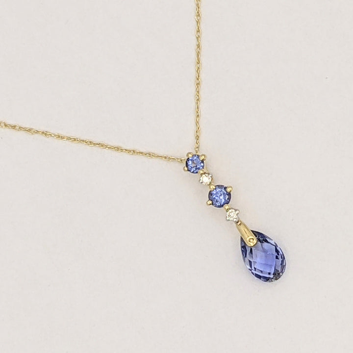 14K LAB-CREATED SAPPHIRE PEAR (1) ROUND (2) WITH (2) MELEE ESTATE PENDANT & CHAIN 1.3 GRAMS
