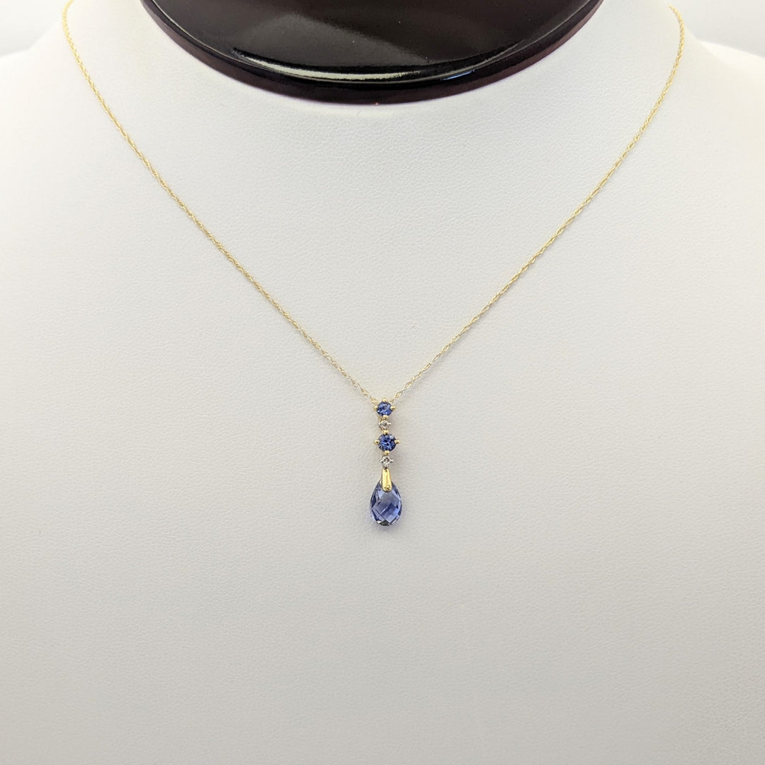 14K LAB-CREATED SAPPHIRE PEAR (1) ROUND (2) WITH (2) MELEE ESTATE PENDANT & CHAIN 1.3 GRAMS