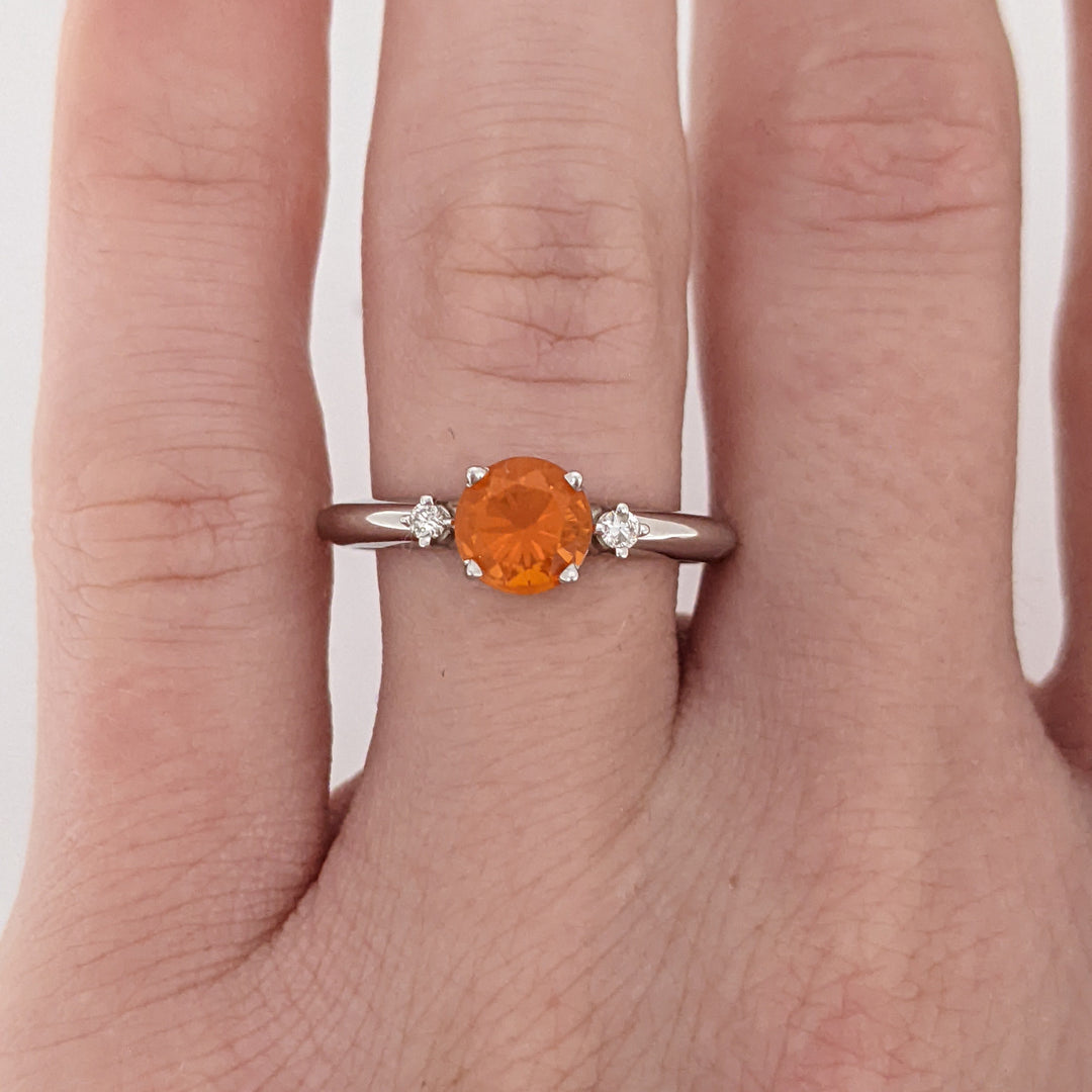 14K WHITE MEXICAN FIRE OPAL ROUND 6MM WITH (2) MELEE ESTATE RING 2.1 GRAMS