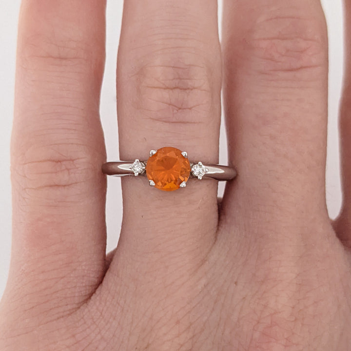 14K WHITE MEXICAN FIRE OPAL ROUND 6MM WITH (2) MELEE ESTATE RING 2.1 GRAMS