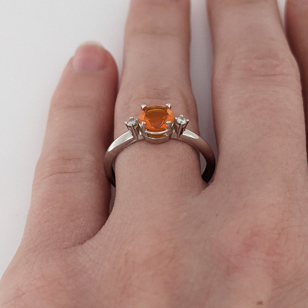 14K WHITE MEXICAN FIRE OPAL ROUND 6MM WITH (2) MELEE ESTATE RING 2.1 GRAMS