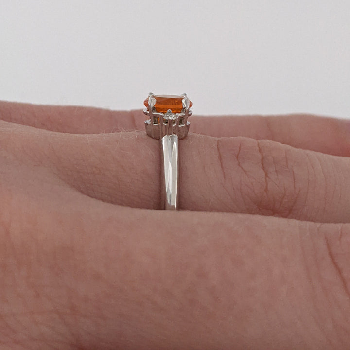 14K WHITE MEXICAN FIRE OPAL ROUND 6MM WITH (2) MELEE ESTATE RING 2.1 GRAMS