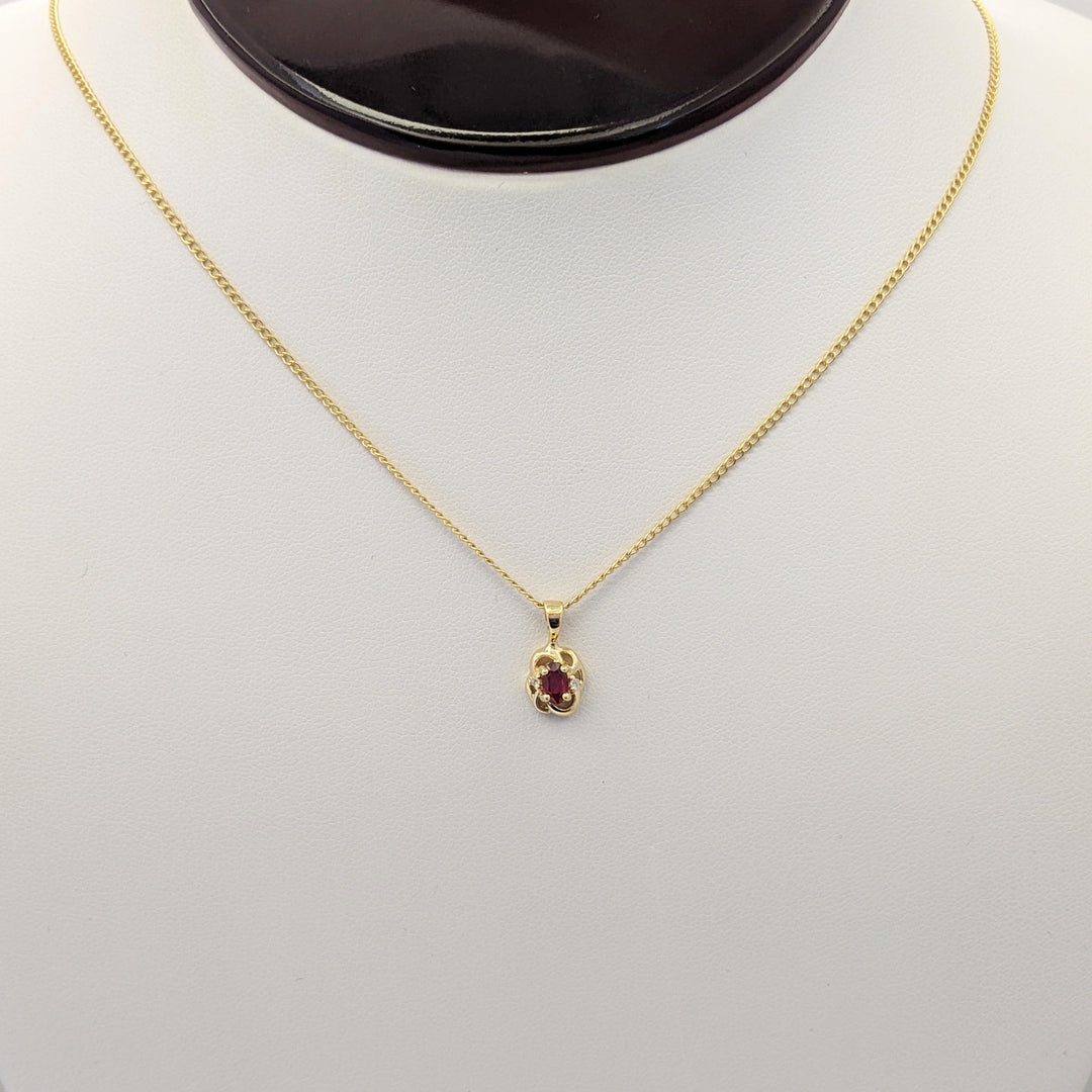 14K RUBY OVAL 3X5 WITH (2) MELEE ESTATE PENDANT & CHAIN 2.6 GRAMS