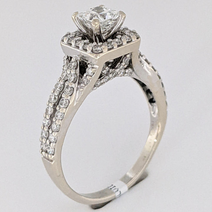 14K WHITE 1.59 CARAT TOTAL WEIGHT I1 G DIAMOND PRINCESS CUT WITH (72) ROUND ESTATE HALO RING 5.0 GRAMS