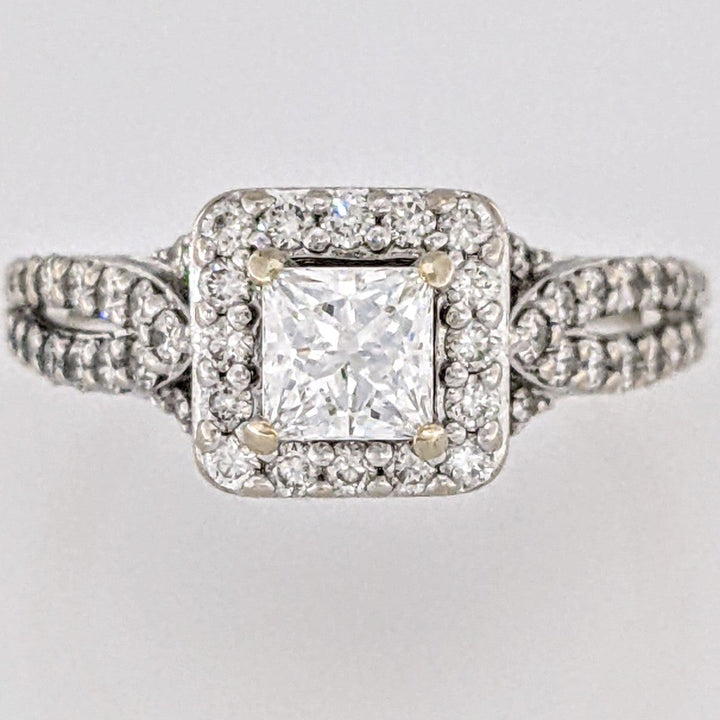 14K WHITE 1.59 CARAT TOTAL WEIGHT I1 G DIAMOND PRINCESS CUT WITH (72) ROUND ESTATE HALO RING 5.0 GRAMS