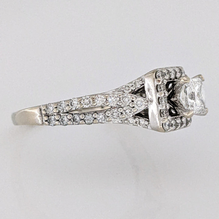 14K WHITE 1.59 CARAT TOTAL WEIGHT I1 G DIAMOND PRINCESS CUT WITH (72) ROUND ESTATE HALO RING 5.0 GRAMS
