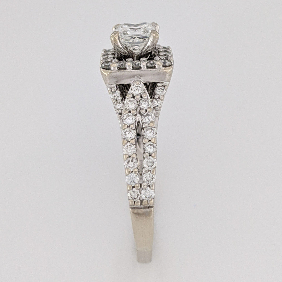 14K WHITE 1.59 CARAT TOTAL WEIGHT I1 G DIAMOND PRINCESS CUT WITH (72) ROUND ESTATE HALO RING 5.0 GRAMS
