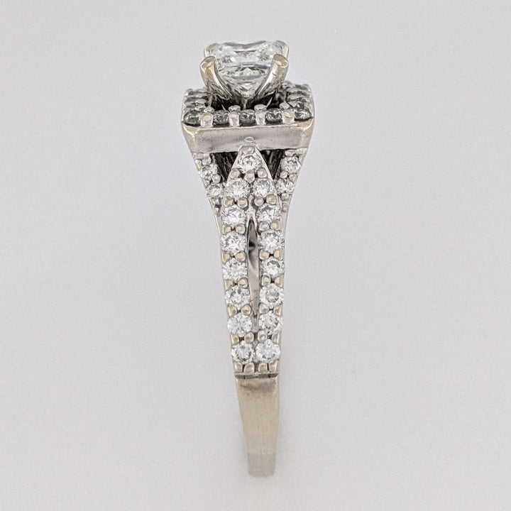 14K WHITE 1.59 CARAT TOTAL WEIGHT I1 G DIAMOND PRINCESS CUT WITH (72) ROUND ESTATE HALO RING 5.0 GRAMS