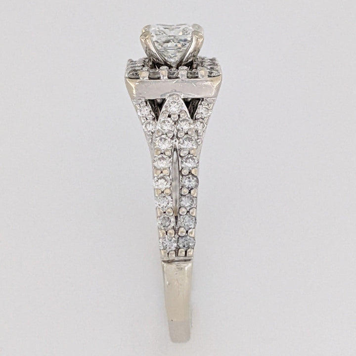 14K WHITE 1.59 CARAT TOTAL WEIGHT I1 G DIAMOND PRINCESS CUT WITH (72) ROUND ESTATE HALO RING 5.0 GRAMS
