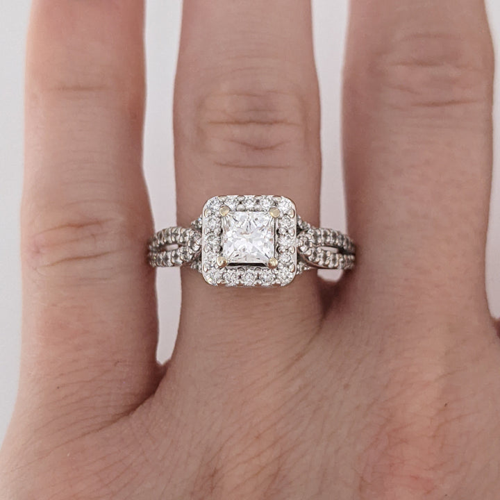 14K WHITE 1.59 CARAT TOTAL WEIGHT I1 G DIAMOND PRINCESS CUT WITH (72) ROUND ESTATE HALO RING 5.0 GRAMS