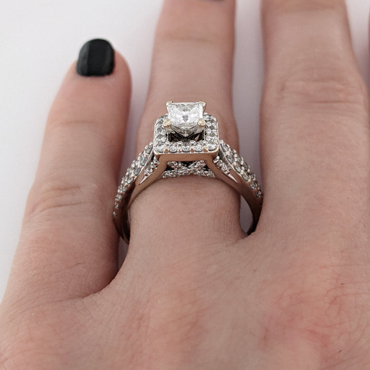 14K WHITE 1.59 CARAT TOTAL WEIGHT I1 G DIAMOND PRINCESS CUT WITH (72) ROUND ESTATE HALO RING 5.0 GRAMS