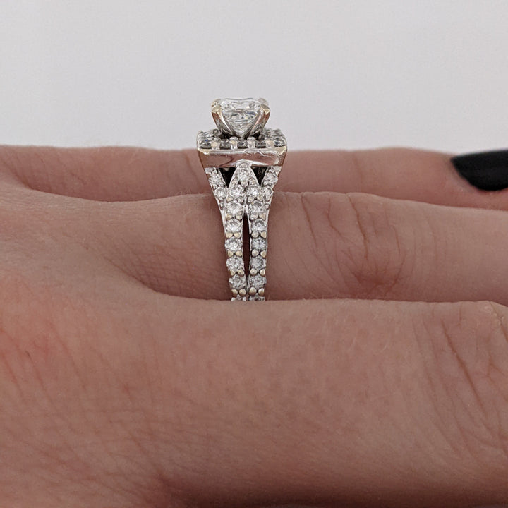 14K WHITE 1.59 CARAT TOTAL WEIGHT I1 G DIAMOND PRINCESS CUT WITH (72) ROUND ESTATE HALO RING 5.0 GRAMS