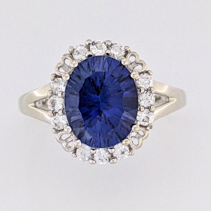 10K WHITE LAB-CREATED SAPPHIRE OVAL 8X10 WITH WHITE SAPPHIRE ESTATE RING 3.2 GRAMS
