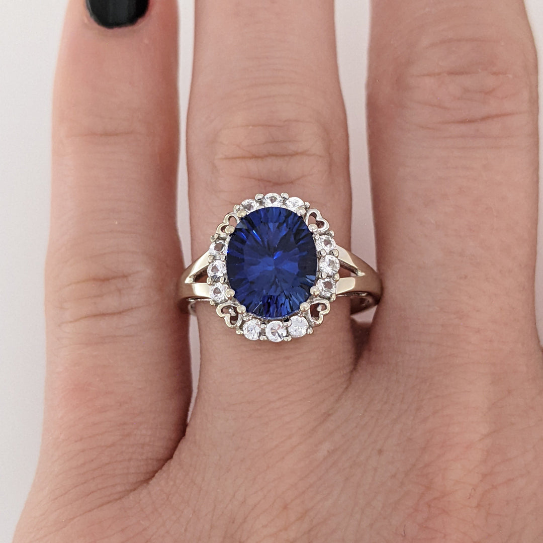 10K WHITE LAB-CREATED SAPPHIRE OVAL 8X10 WITH WHITE SAPPHIRE ESTATE RING 3.2 GRAMS