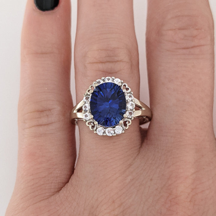 10K WHITE LAB-CREATED SAPPHIRE OVAL 8X10 WITH WHITE SAPPHIRE ESTATE RING 3.2 GRAMS