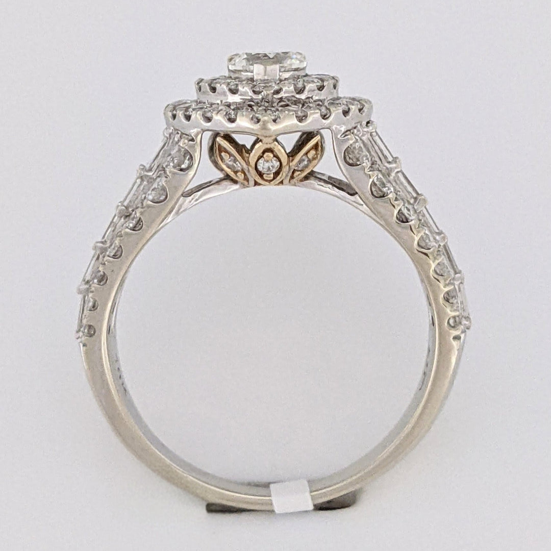 10K TWO-TONE 1.47 CARAT TOTAL WEIGHT SI1 I DIAMOND HEART (1) ROUND (66) BAGUETTE (10) ESTATE DOUBLE HALO RING 3.9 GRAMS