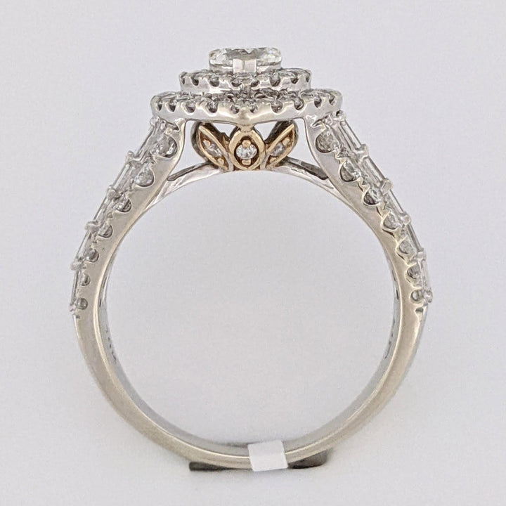 10K TWO-TONE 1.47 CARAT TOTAL WEIGHT SI1 I DIAMOND HEART (1) ROUND (66) BAGUETTE (10) ESTATE DOUBLE HALO RING 3.9 GRAMS