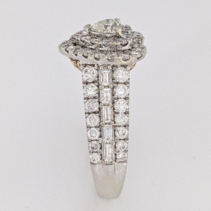 10K TWO-TONE 1.47 CARAT TOTAL WEIGHT SI1 I DIAMOND HEART (1) ROUND (66) BAGUETTE (10) ESTATE DOUBLE HALO RING 3.9 GRAMS