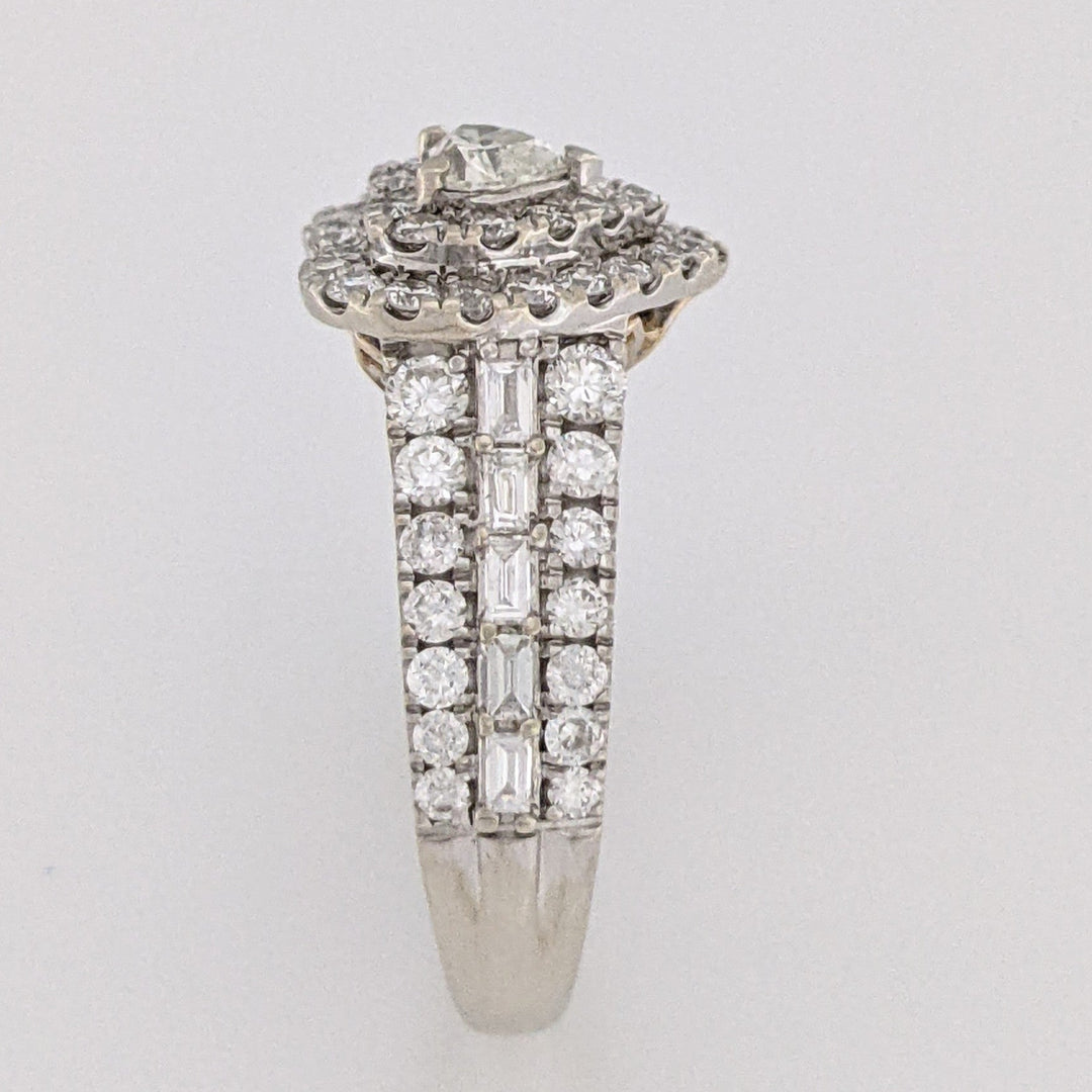 10K TWO-TONE 1.47 CARAT TOTAL WEIGHT SI1 I DIAMOND HEART (1) ROUND (66) BAGUETTE (10) ESTATE DOUBLE HALO RING 3.9 GRAMS