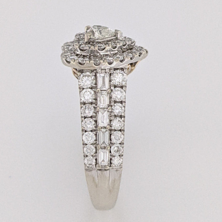 10K TWO-TONE 1.47 CARAT TOTAL WEIGHT SI1 I DIAMOND HEART (1) ROUND (66) BAGUETTE (10) ESTATE DOUBLE HALO RING 3.9 GRAMS