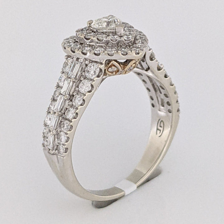 10K TWO-TONE 1.47 CARAT TOTAL WEIGHT SI1 I DIAMOND HEART (1) ROUND (66) BAGUETTE (10) ESTATE DOUBLE HALO RING 3.9 GRAMS