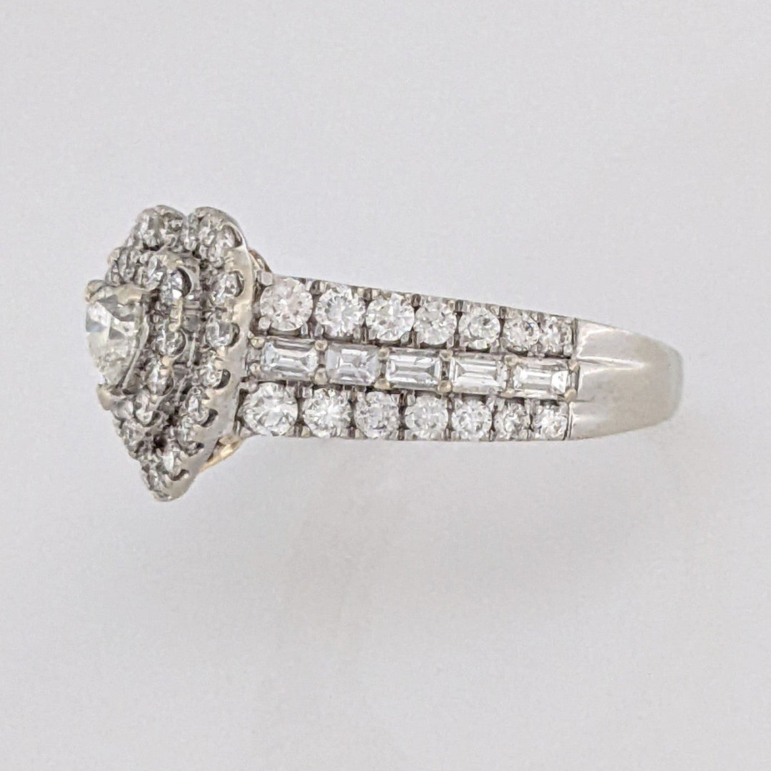 10K TWO-TONE 1.47 CARAT TOTAL WEIGHT SI1 I DIAMOND HEART (1) ROUND (66) BAGUETTE (10) ESTATE DOUBLE HALO RING 3.9 GRAMS