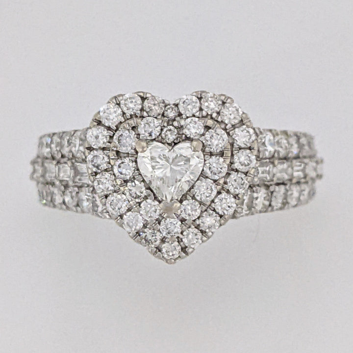 10K TWO-TONE 1.47 CARAT TOTAL WEIGHT SI1 I DIAMOND HEART (1) ROUND (66) BAGUETTE (10) ESTATE DOUBLE HALO RING 3.9 GRAMS