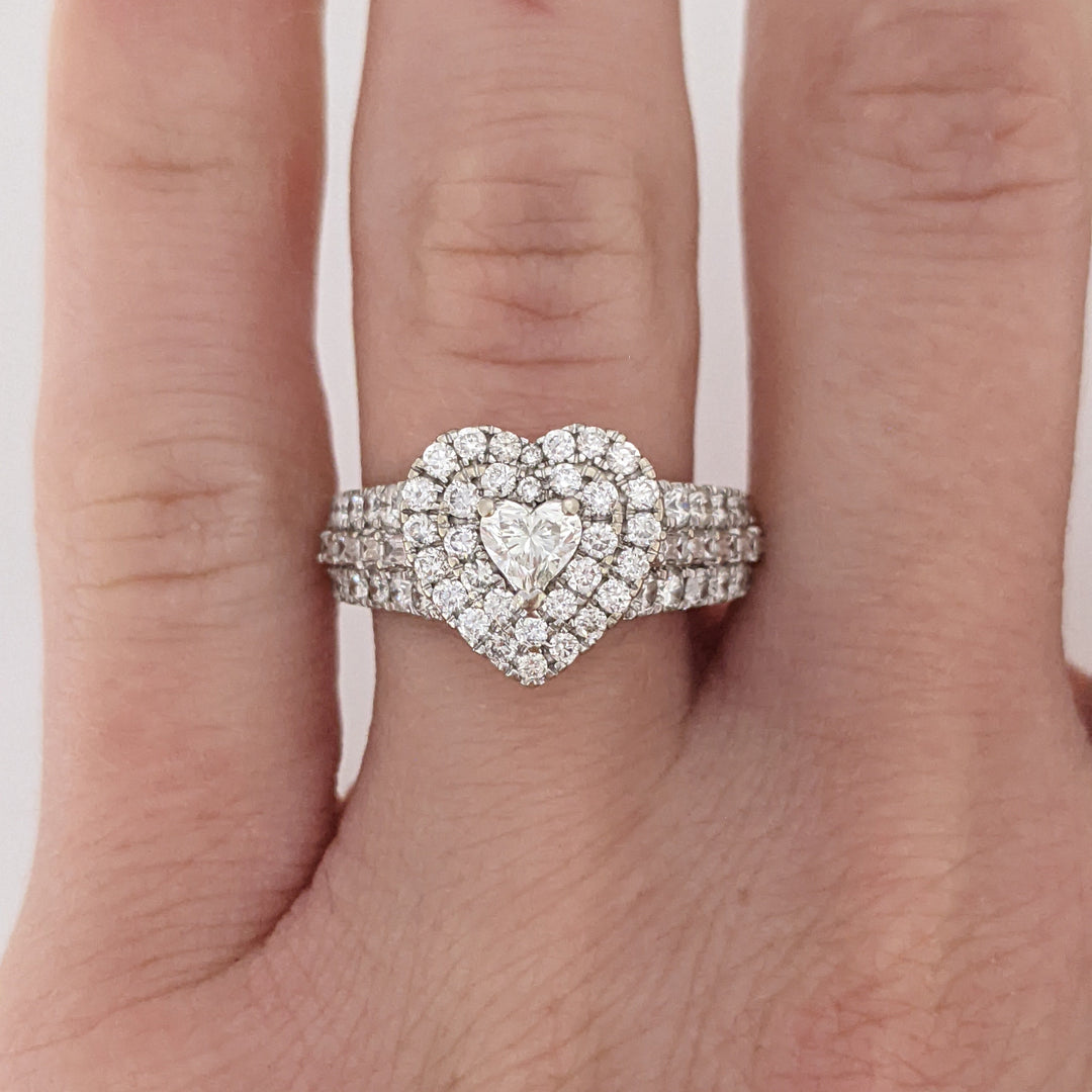 10K TWO-TONE 1.47 CARAT TOTAL WEIGHT SI1 I DIAMOND HEART (1) ROUND (66) BAGUETTE (10) ESTATE DOUBLE HALO RING 3.9 GRAMS