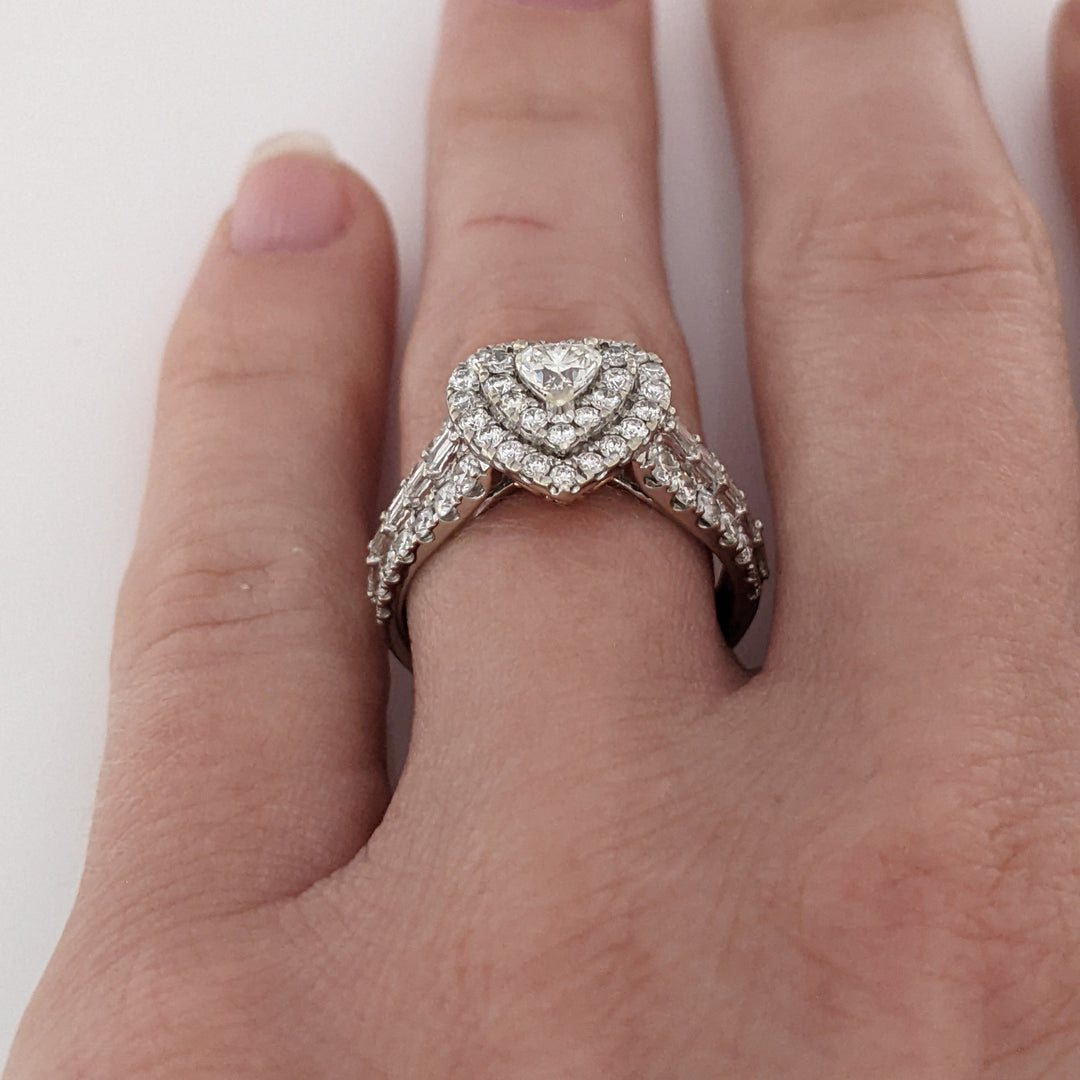 10K TWO-TONE 1.47 CARAT TOTAL WEIGHT SI1 I DIAMOND HEART (1) ROUND (66) BAGUETTE (10) ESTATE DOUBLE HALO RING 3.9 GRAMS