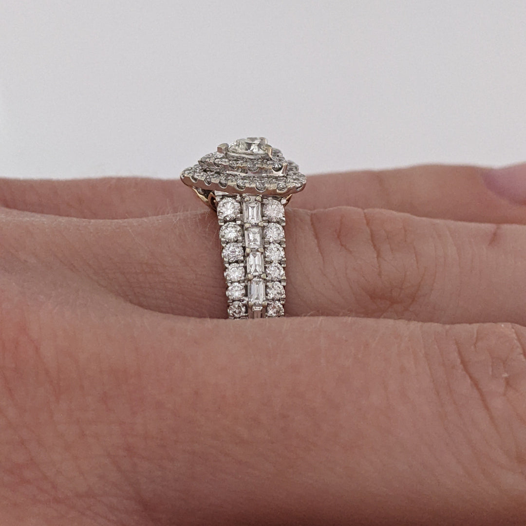 10K TWO-TONE 1.47 CARAT TOTAL WEIGHT SI1 I DIAMOND HEART (1) ROUND (66) BAGUETTE (10) ESTATE DOUBLE HALO RING 3.9 GRAMS