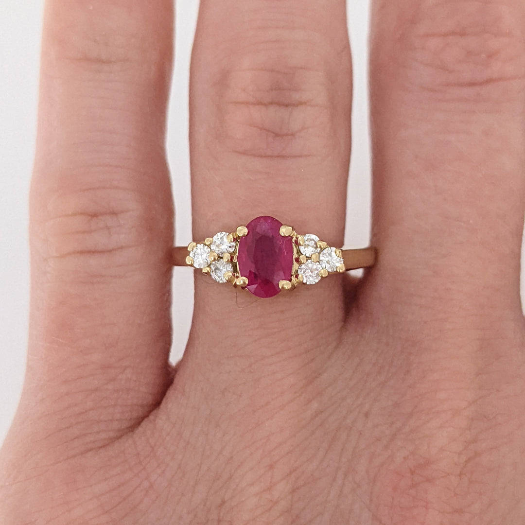 14K RUBY OVAL "A" 5X7 WITH .18 DIAMOND TOTAL WEIGHT (6) ROUND ESTATE RING 3.4 GRAMS