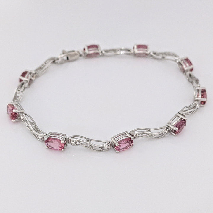 10K WHITE PINK TOURMALINE OVAL (9) 4X6 WITH (2) MELEE ESTATE BRACELET 5.2 GRAMS
